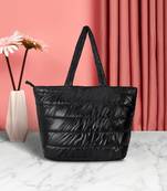 Uno Black Quilted Polyester Striped Self Design Handheld Bag