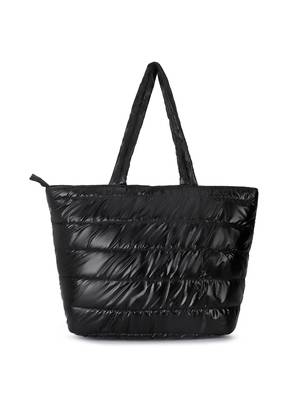 Uno Black Quilted Polyester Striped Self Design Handheld Bag 2