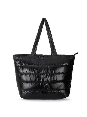 Uno Black Quilted Polyester Striped Self Design Handheld Bag 4