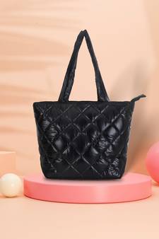 Uno Black Quilted Polyester Diamond Self Design Handheld Bag