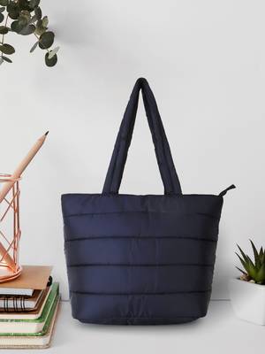 Uno Black Quilted Polyester Striped Self Design Handheld Bag 1