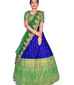 R blue and Green  Zari work Banarasi silk semi-stitched Half saree with unstitched Blouse and dupatta