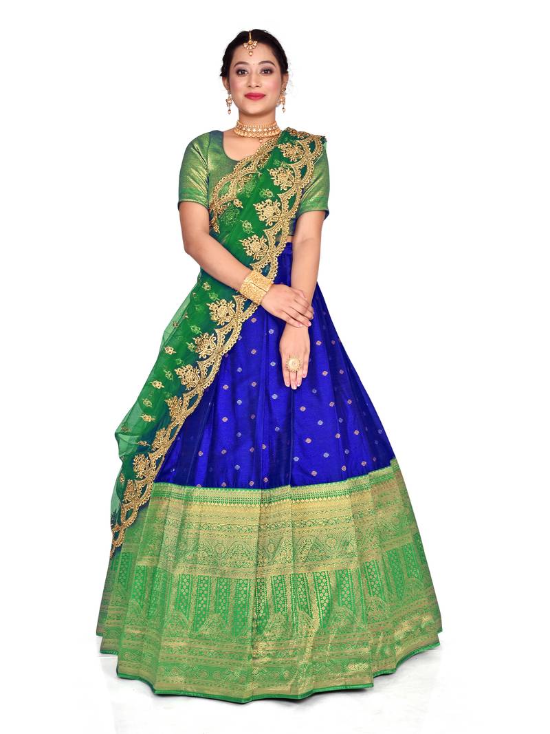 R blue and Green  Zari work Banarasi silk semi-stitched Half saree with unstitched Blouse and dupatta