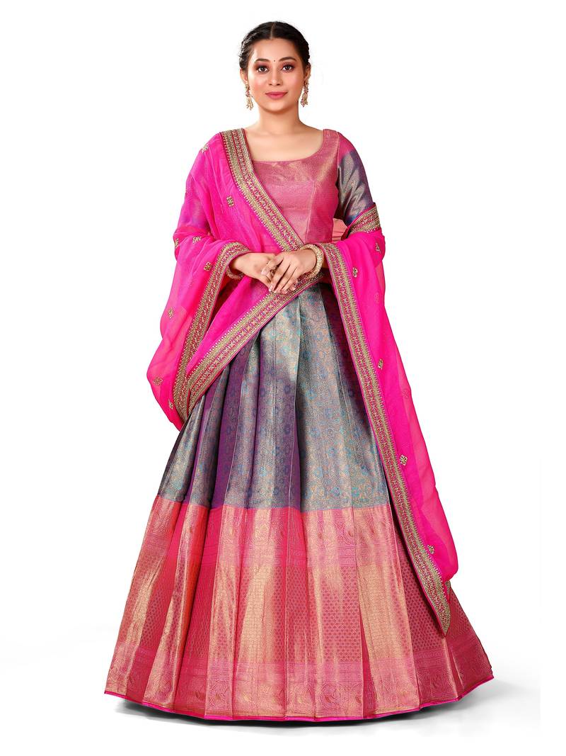 Firozi silk zari tissue jacket with skirt set main image 1