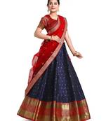 Get the stunning look by dressing up with latest trendy Blue and Red Half Saree with unstitched Blouse and Dupatta