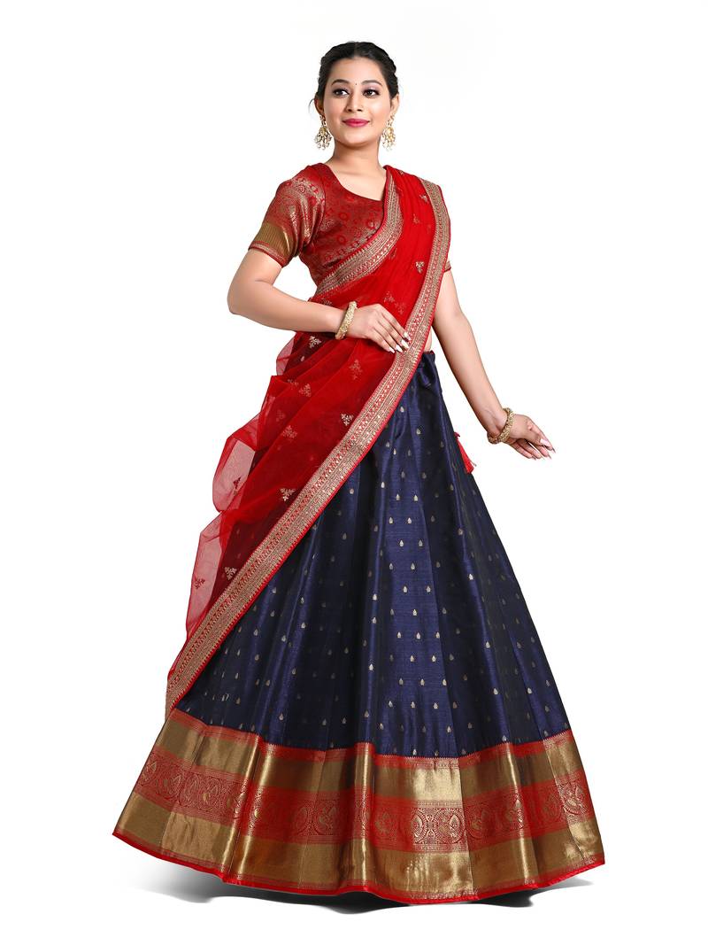 Get the stunning look by dressing up with latest trendy Blue and Red Half Saree with unstitched Blouse and Dupatta
