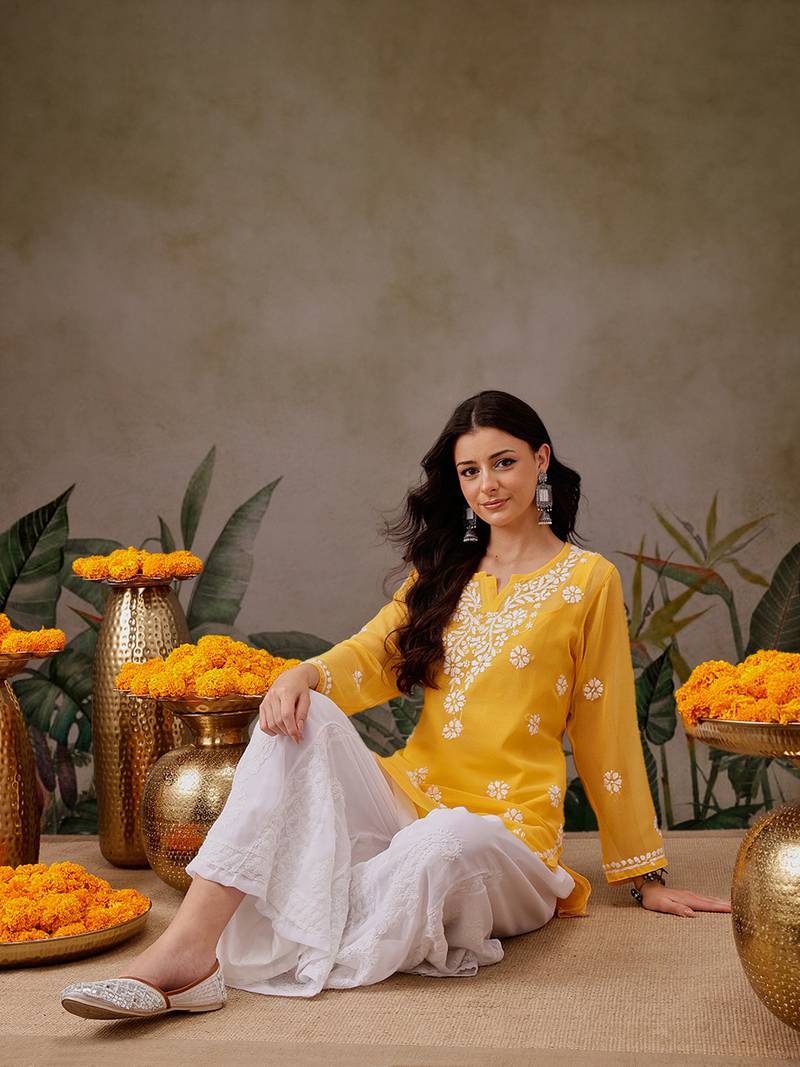 Hand Embroidered Yellow Georgette Lucknowi Chikankari Indian Women Straight Short Kurti With Slip