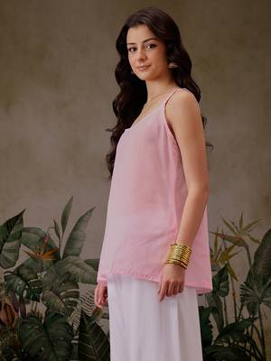 Hand Crafted Pink Georgette Lucknowi Chikankari Indian Women Straight Short Kurti With Slip 6