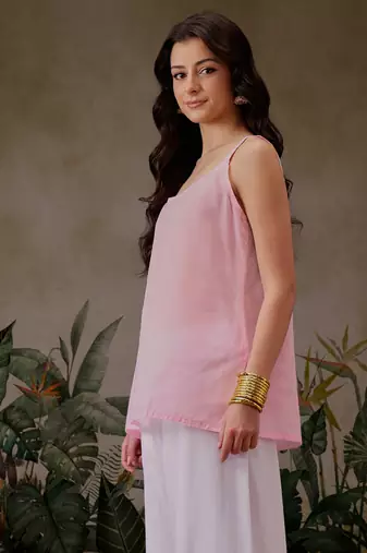Hand Crafted Pink Georgette Lucknowi Chikankari Indian Women Straight Short Kurti With Slip