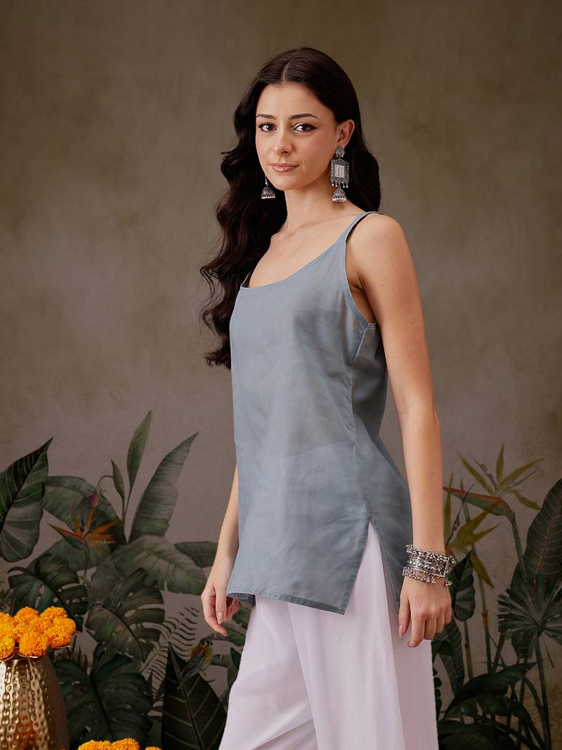 Hand Crafted Grey Georgette Lucknowi Chikankari Indian Women Straight Short Kurti