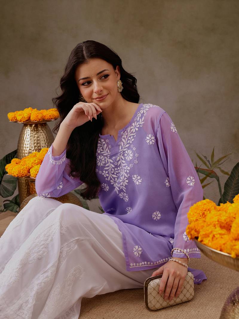Handmade Mauve Georgette Lucknowi Chikankari Women Straight Short Kurti With Slip