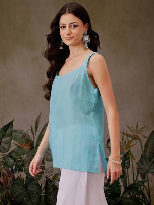 Hand Crafted Blue Georgette Lucknowi Chikankari Short Kurti With Slip 6