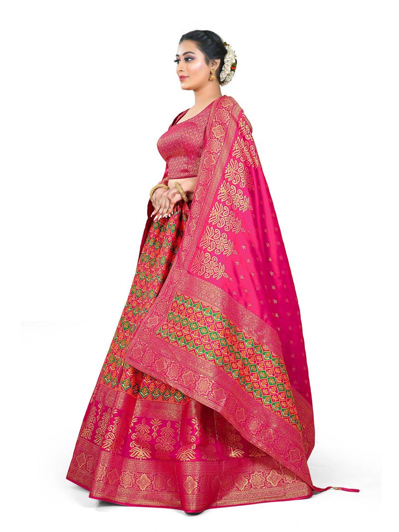 Traditional Banarasi silk Patola design Rani colour lehenga with ...