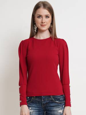 Popwings Women Maroon Solid Puff Sleeves Top 1