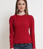 Popwings Women Maroon Solid Puff Sleeves Top