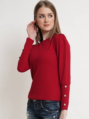 Popwings Women Maroon Solid Puff Sleeves Top 2