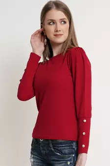 Popwings Women Maroon Solid Puff Sleeves Top