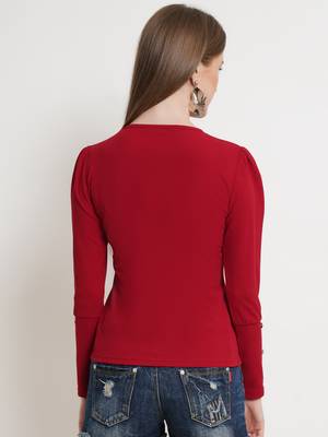 Popwings Women Maroon Solid Puff Sleeves Top 3