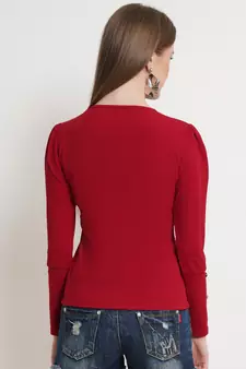 Popwings Women Maroon Solid Puff Sleeves Top