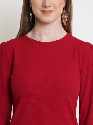 Popwings Women Maroon Solid Puff Sleeves Top 4