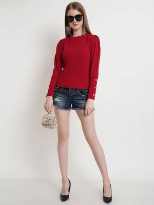 Popwings Women Maroon Solid Puff Sleeves Top 5