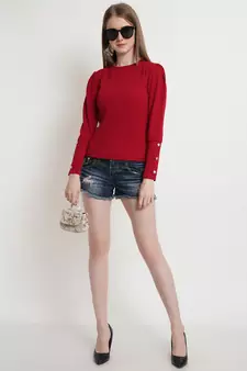Popwings Women Maroon Solid Puff Sleeves Top