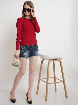 Popwings Women Maroon Solid Puff Sleeves Top 6