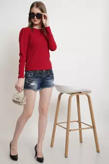 Popwings Women Maroon Solid Puff Sleeves Top