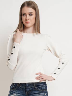 Popwings Women Casual Off White Botton Styling Solid Top 1