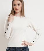 Popwings Women Casual Off White Botton Styling Solid Top