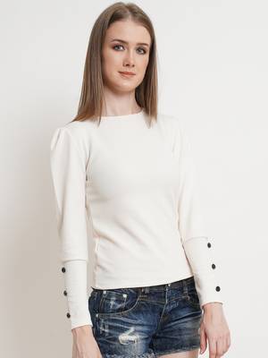 Popwings Women Casual Off White Botton Styling Solid Top 2