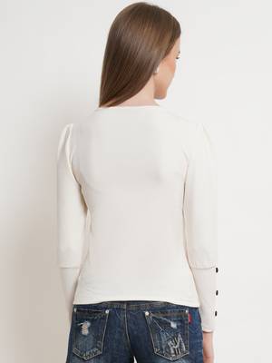 Popwings Women Casual Off White Botton Styling Solid Top 3