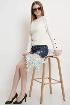 Popwings Women Casual Off White Botton Styling Solid Top