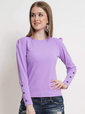 Popwings Women Casual Botton Styling Lavender Solid Top 1