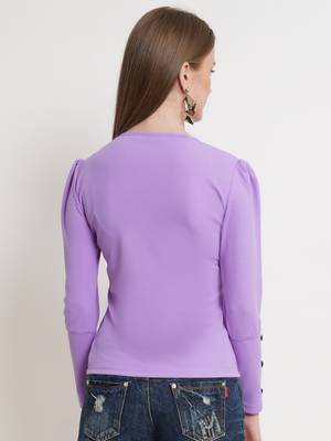 Popwings Women Casual Botton Styling Lavender Solid Top 3