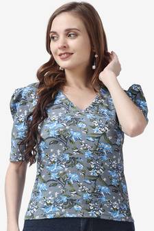 Popwings Women Casual Grey Floral Printed Top