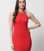 Popwings Partywear Stone Styling Red Halter Neck Sheath Dress