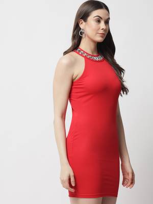 Popwings Partywear Stone Styling Red Halter Neck Sheath Dress 2
