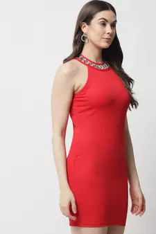 Popwings Partywear Stone Styling Red Halter Neck Sheath Dress