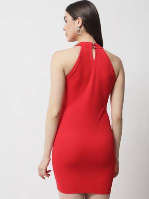 Popwings Partywear Stone Styling Red Halter Neck Sheath Dress 3