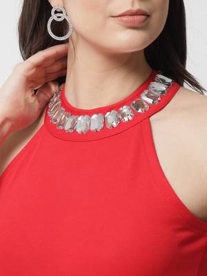 Popwings Partywear Stone Styling Red Halter Neck Sheath Dress 4