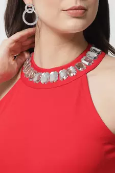 Popwings Partywear Stone Styling Red Halter Neck Sheath Dress