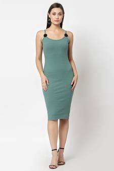 Popwings Women Casual Pastel Green Bodycon Long Rib Cotton Dress