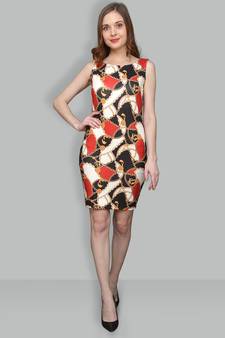 Popwings Women Casual Chain Print Multicolor Back Knot Bodycon Dress