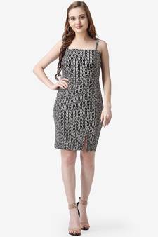 Popwings Women Casual Black & White Color Block Printed Bodycon Slit Noodle Strap Dress