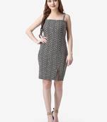 Popwings Women Casual Black & White Color Block Printed Bodycon Slit Noodle Strap Dress