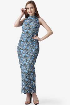 Popwings Women Casual Grey Floral Printed Halter Neck Long Sheath Dress