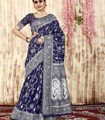 Blue Printed Cotton Silk Saree Without Blouse