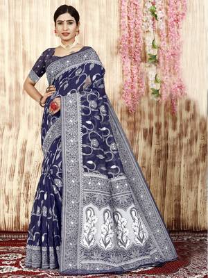 Blue Printed Cotton Silk Saree Without Blouse 2