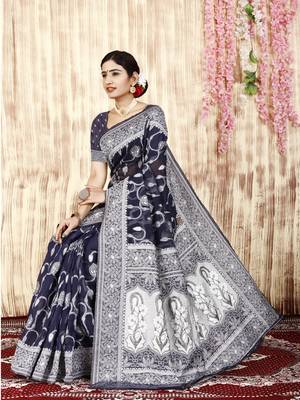Blue Printed Cotton Silk Saree Without Blouse 3